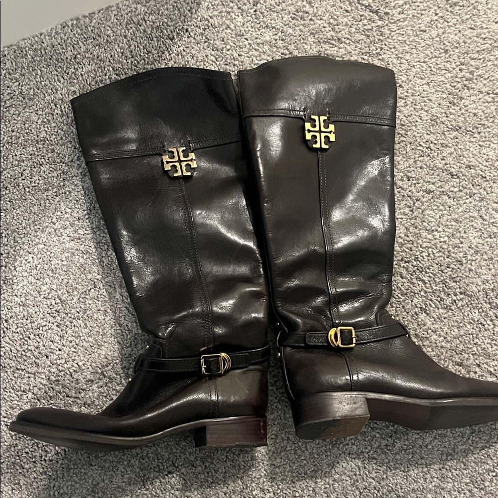Tory Burch Dark Brown Leather Boots with Gold Accents